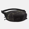 Waist pack in dark camo with central zip compartment and adjustable shoulder strap