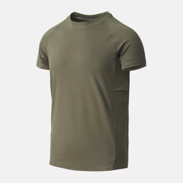 Olive green quick-dry crew neck T-shirt with short sleeves and side pocket