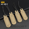 Tan personalized ID tag set with black cords, four rectangular tags with icons