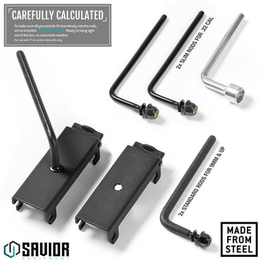 Wall rack system with black rods and two gray bracket holders for mounting