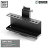 Punch and chisel wall rack in obsidian black with multiple tool holes and base tray