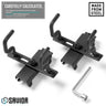 Adjustable pistol hanger wall rack system, two dark metal hangers with padded hooks