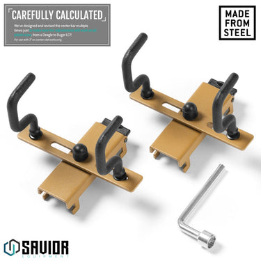 Adjustable pistol hanger wall rack system, two tan metal hangers with padded hooks
