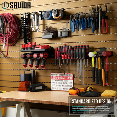 Wall-mounted tool organizer with drill bit rack and hanging screwdriver handles