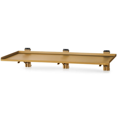 Folding workbench wall rack system in tan with wall brackets and support legs