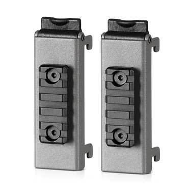 Dark gray picatinny rail wall rack system, two pieces with mounted screw points