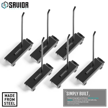 Black steel peg hooks on wall rack bases, six included