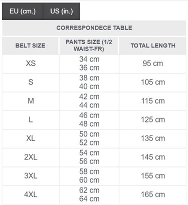 Belt size correspondence table with waistband and total length measurements