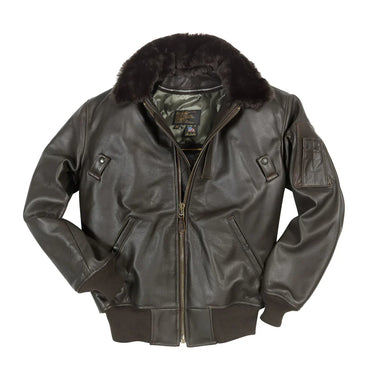 Dark gray leather flight jacket with faux fur collar, zip front and angled pockets