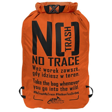Orange 10L dirt bag with top roll closure and black No Trace graphic
