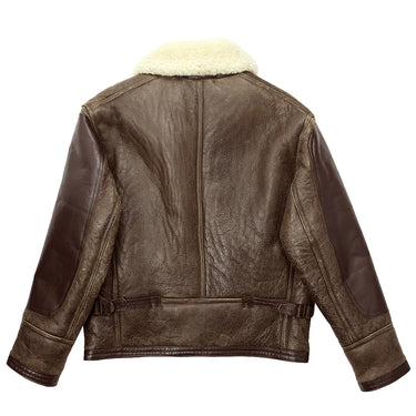 Brown leather shearling jacket, back view with stand collar and belt
