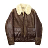 Brown shearling-lined leather jacket with tan collar, front zipper and flap pockets