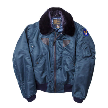 Air Force blue nylon bomber jacket with dark fur collar and zip front