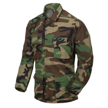 Woodland camouflage BDU ripstop shirt with button front and chest pockets, long sleeves