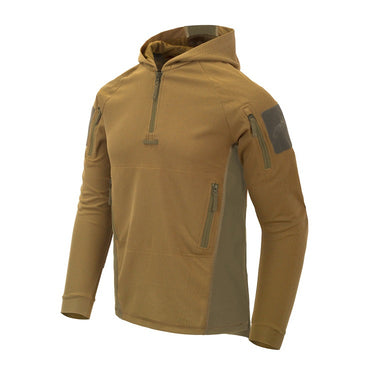 Tan zip-up hoodie with hood and chest and sleeve zip pockets