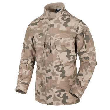 Camouflage cotton ripstop shirt with high collar, chest pockets, long sleeves