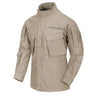 Khaki cotton ripstop shirt with high collar, front placket, chest pockets, long sleeves