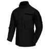 Black tactical ripstop shirt with stand collar and chest pocket, long sleeves.