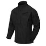Black combat shirt with hood, front button placket, chest pocket, and sleeve pocket.