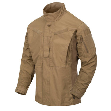 Tan combat shirt with hood, front button placket, chest pocket, and sleeve pocket.