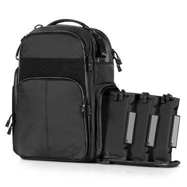Obsidian Black competition backpack with side MOLLE panels and padded front pocket