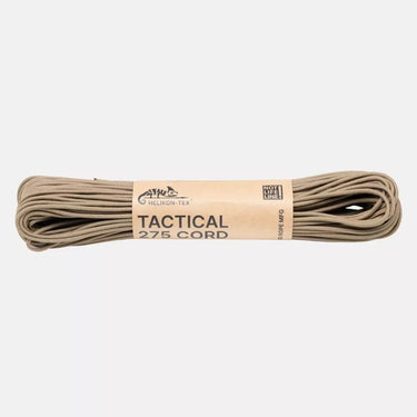 Coyote brown tactical 275 cord, neatly coiled with label and wrap band.