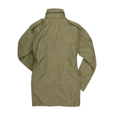 Olive green M-65 field jacket, back view with stand collar and cinch hem