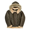 Sheepskin hooded leather jacket with shearling trim, front zip, dark exterior