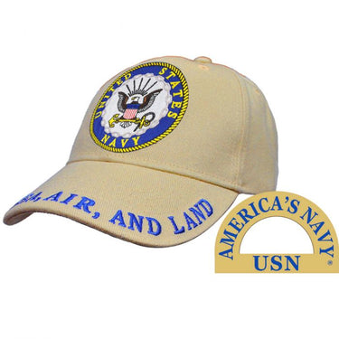 Khaki tactical cap with Navy wing patch and 'AIR AND LAND' text