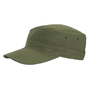 Combat cap in olive green, curved brim, small vent eyelets on front.