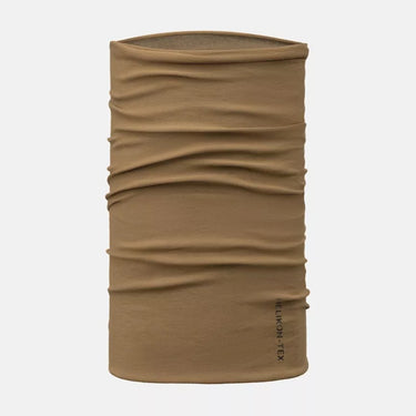 Lightweight balaclava wrap, tan tubular neck gaiter with gathered ruched fabric and logo