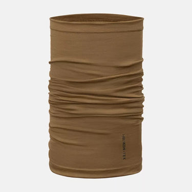 Tan wool merino neck gaiter wrap with stitched logo at lower front