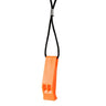 Orange plastic emergency whistle with black lanyard