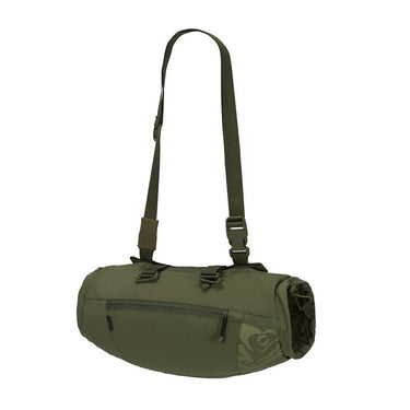 Olive green canvas hand warmer pouch with carry straps and front zip pocket