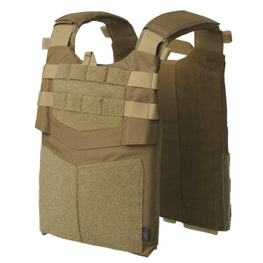 Coyote tactical plate carrier vest with front MOLLE webbing and padded panels