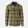 Green plaid button-up shirt with button front and two chest flap pockets