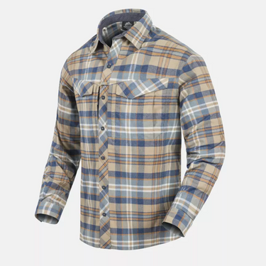 Beige and blue plaid button-up shirt with flap chest pockets and long sleeves