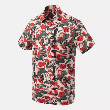 Men's short-sleeve Hawaiian shirt with red, white, and black floral print.