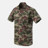 Men's short-sleeve Hawaiian shirt with red-and-green camo print and button front.