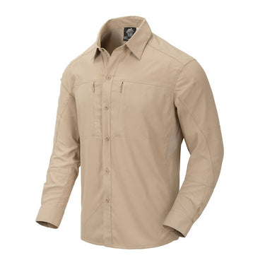 Beige long-sleeve button-up shirt with collar and chest pocket
