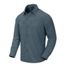 Muted blue long-sleeve button-up shirt with collar and chest pocket