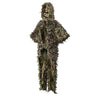 Camouflage ghillie suit with leaf-like strands, hooded, full-body coverage.