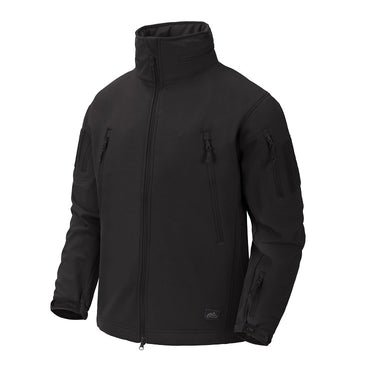 Black windblocker jacket with full zip, stand collar, zip chest and side pockets