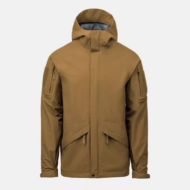 Tan coyote-brown polyester hooded jacket with full front zipper and snap hem
