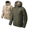 Reversible camouflage hoodie jacket, full-zip with drawstring hood; tan and dark olive camo.