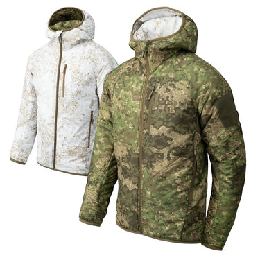 Reversible camouflage hoodie jacket, full-zip with drawstring hood; light and green camo.