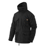 Hooded field smock with front zip and snap pockets, black canvas