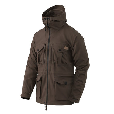 Hooded field smock with front zip and snap pockets, olive canvas