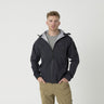 Black hardshell jacket with hood, full zip, and zippered chest pockets.