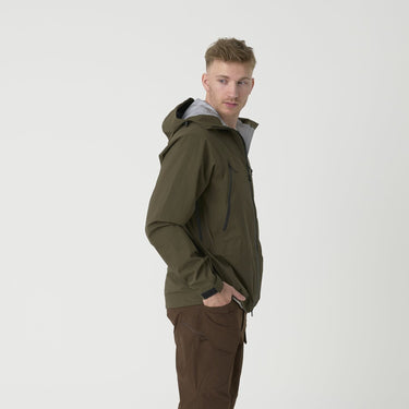 Olive hardshell jacket with hood, full zip, and side zip pockets.